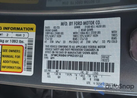 2023 Ford Bronco Sport Big Bend из США, поврежденный, VIN 3FMCR9B61PRD35122